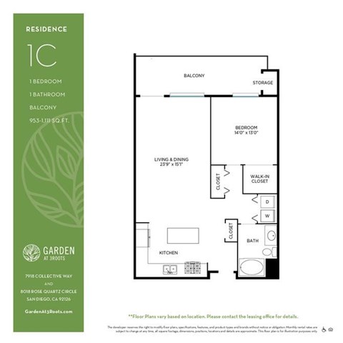Floor plan for 1 bed, 1 bath, 1003 sqft