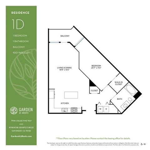 Floor plan for 1 bed, 1 bath, 938 sqft
