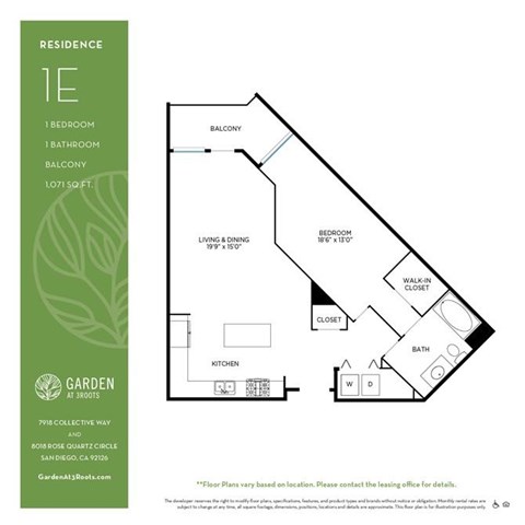 Floor plan for 1 bed, 1 bath, 1071 sqft
