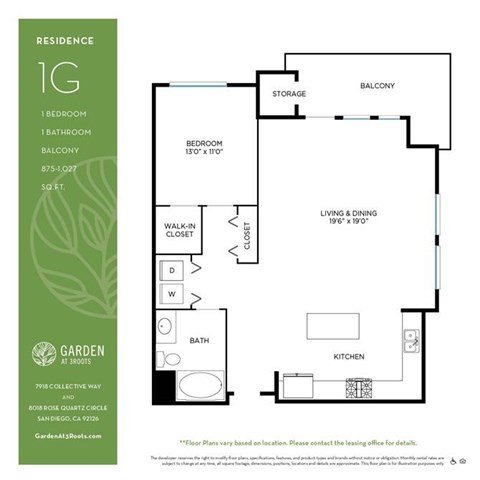 Floor plan for 1 bed, 1 bath, 878 sqft
