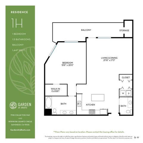 Floor plan for 1 bed, 1 bath, 1447 sqft