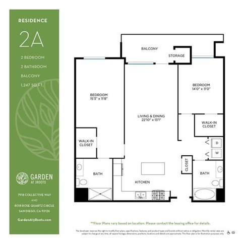 Floor plan for 2 beds, 2 baths, 1247 sqft
