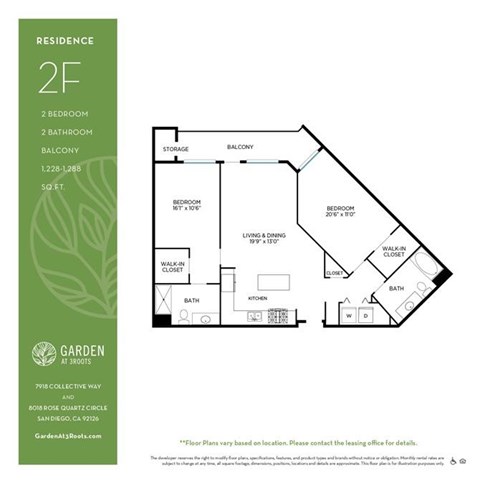 Floor plan for 2 beds, 2 baths, 1257 sqft