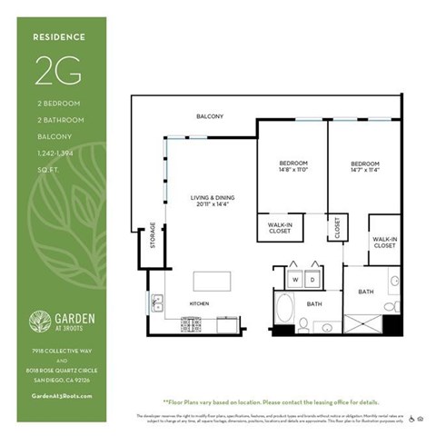 Floor plan for 2 beds, 2 baths, 1242 sqft