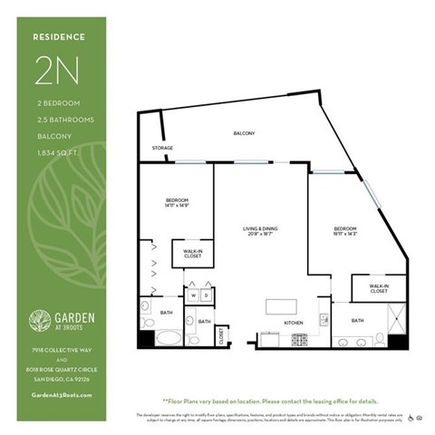 Floor plan for 2 beds, 2 baths, 1834 sqft