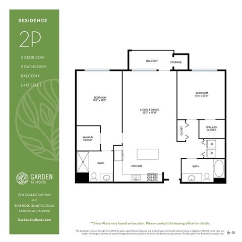 Floor plan for 2 beds, 2 baths, 1413 sqft