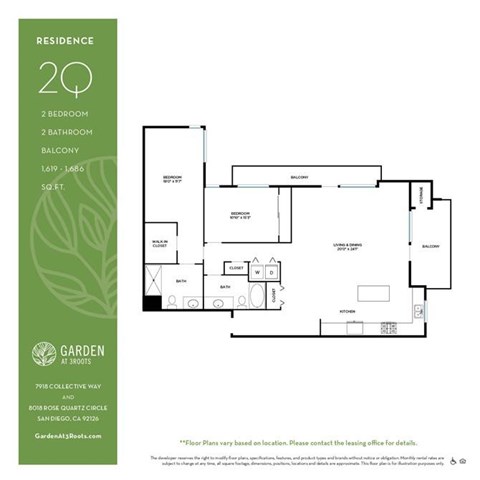Floor plan for 2 beds, 2 baths, 1619 sqft