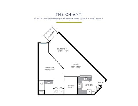 Floor plan for 1 bed, 1 bath, 970 sqft