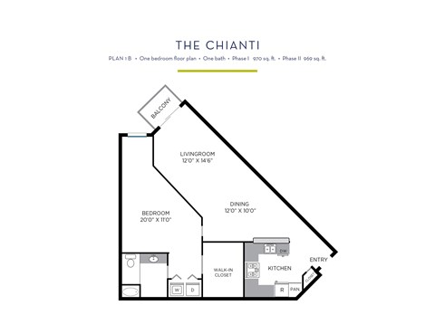 Floor plan for 1 bed, 1 bath, 969 sqft