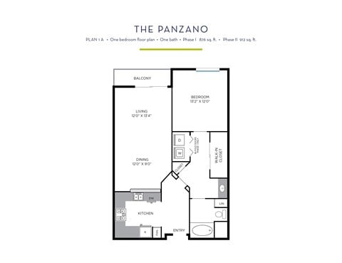 Floor plan for 1 bed, 1 bath, 876 sqft
