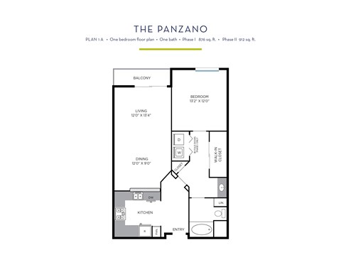 Floor plan for 1 bed, 1 bath, 912 sqft