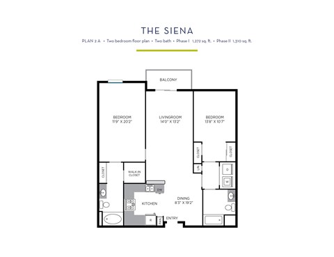 Floor plan for 2 beds, 2 baths, 1272 sqft