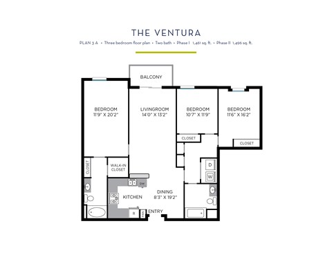 Floor plan for 3 beds, 2 baths, 1461 sqft