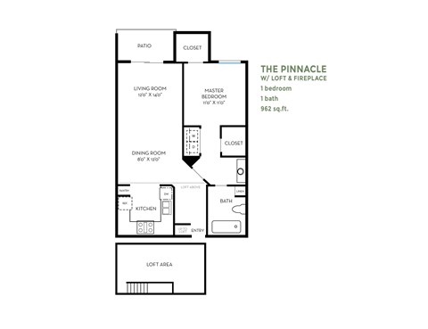 Floor plan for 1 bed, 1 bath, 962 sqft