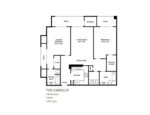 Floor plan for 2 beds, 2 baths, 1477 sqft