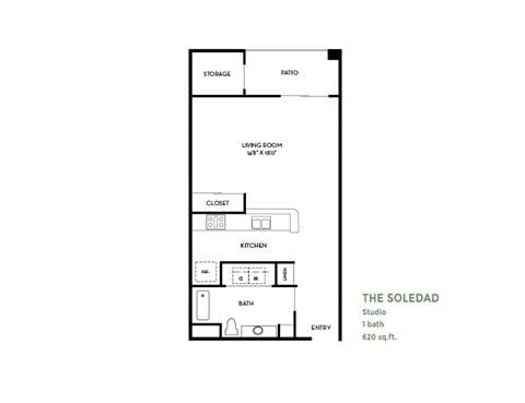 Floor plan for studio, 1 bath, 620 sqft