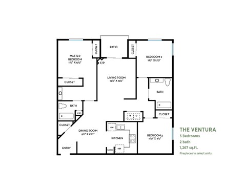Floor plan for 3 beds, 2 baths, 1285 sqft