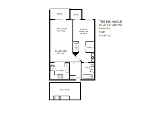 Floor plan for 1 bed, 1 bath, 965 sqft