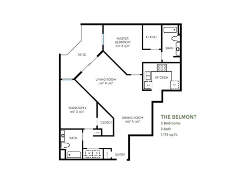 Floor plan for 2 beds, 2 baths, 1176 sqft