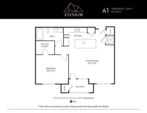 Floor plan for 1 bed, 1 bath, 957 sqft
