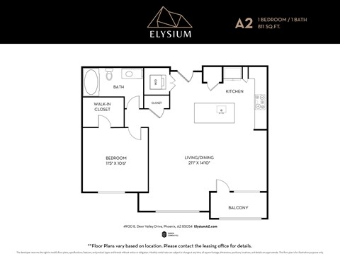 Floor plan for 1 bed, 1 bath, 811 sqft