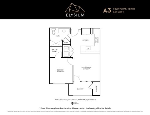 Floor plan for 1 bed, 1 bath, 640 sqft