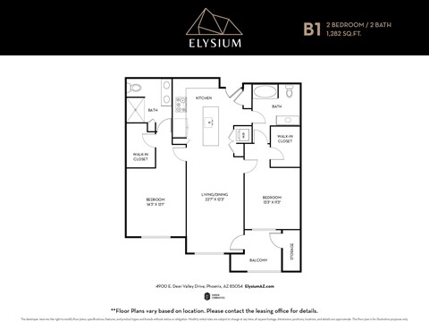 Floor plan for 2 beds, 2 baths, 1282 sqft
