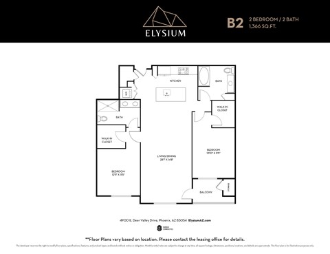 Floor plan for 2 beds, 2 baths, 1366 sqft