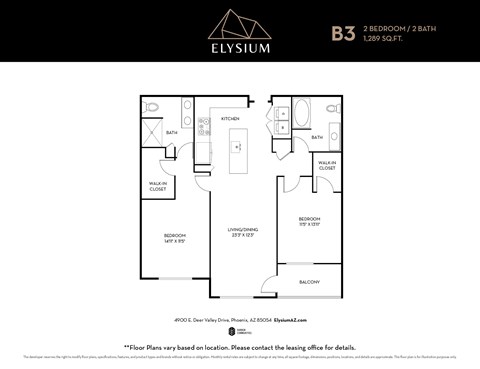 Floor plan for 2 beds, 2 baths, 1289 sqft