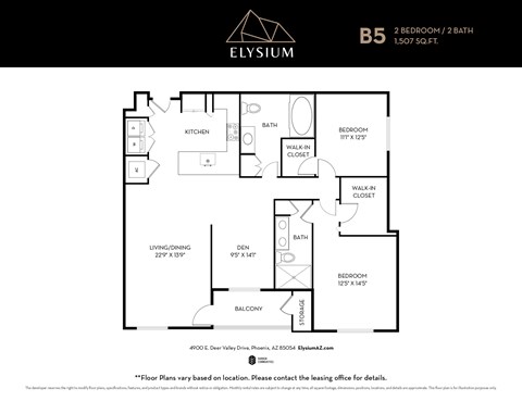 Floor plan for 2 beds, 2 baths, 1507 sqft