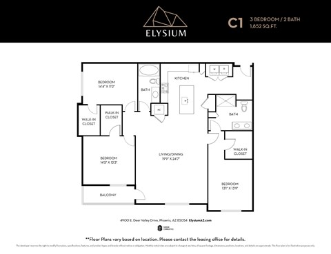 Floor plan for 3 beds, 2 baths, 1852 sqft