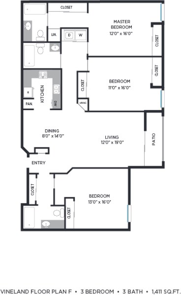 Floor plan for 3 beds, 3 baths, 1411 sqft