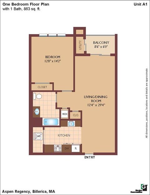 Floor plan for 1 bed, 1 bath, 863 sqft