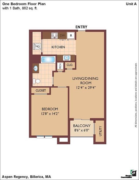 Floor plan for 1 bed, 1 bath, 863 sqft