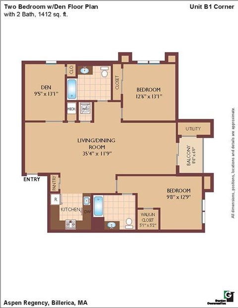 Floor plan for 2 beds, 2 baths, 1412 sqft