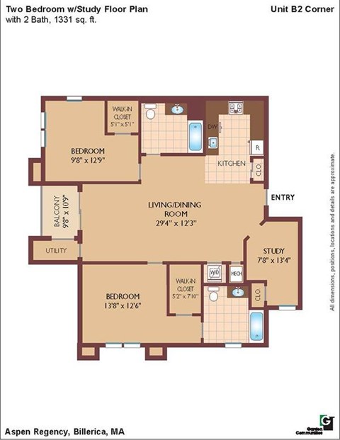 Floor plan for 2 beds, 2 baths, 1331 sqft