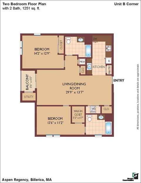 Floor plan for 2 beds, 2 baths, 1251 sqft