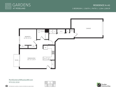 Floor plan for 1 bed, 1 bath, 1194 sqft
