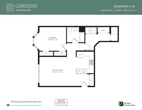 Floor plan for 1 bed, 1 bath, 911 sqft