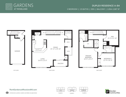 Floor plan for 2 beds, 2.5 baths, 2087 sqft