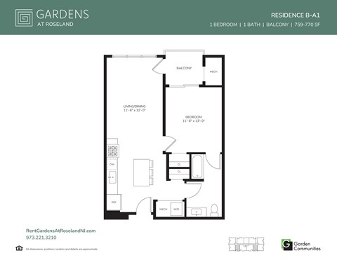 Floor plan for 1 bed, 1 bath, 770 sqft
