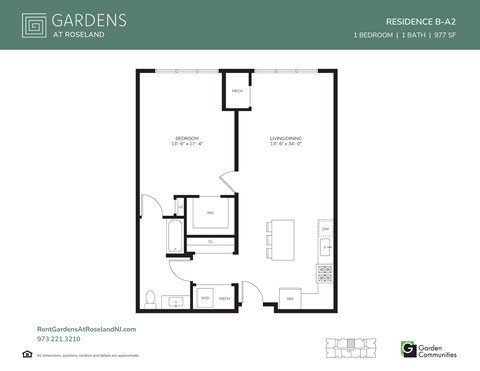 Floor plan for 1 bed, 1 bath, 977 sqft