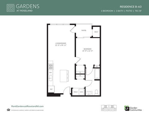 Floor plan for 1 bed, 1 bath, 761 sqft
