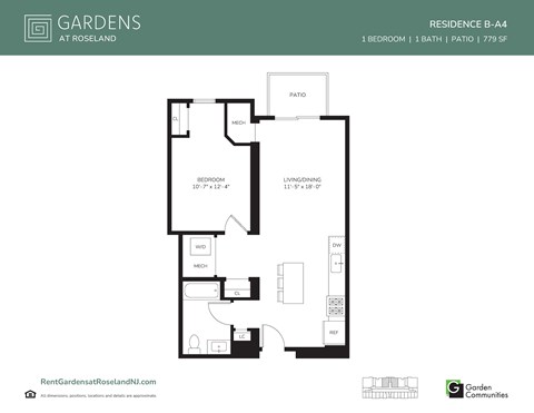 Floor plan for 1 bed, 1 bath, 779 sqft