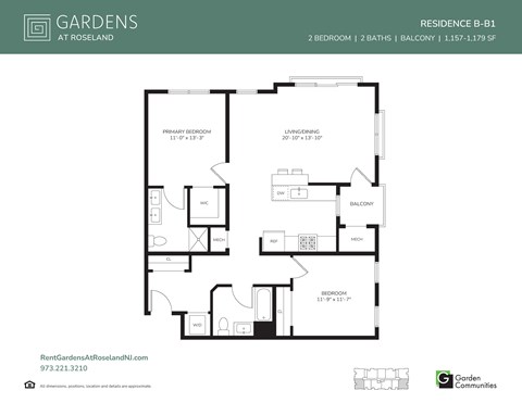 Floor plan for 2 beds, 2 baths, 1179 sqft