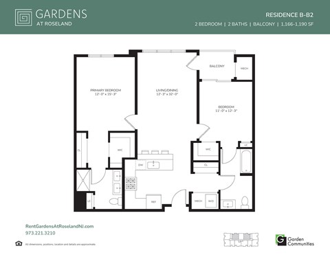 Floor plan for 2 beds, 2 baths, 1190 sqft