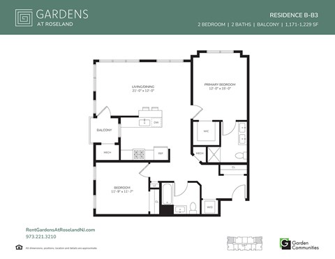Floor plan for 2 beds, 2 baths, 1229 sqft