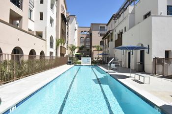 Lap pool with shade structure and lounge seating