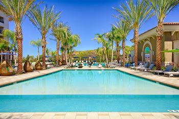 Resort style pool with palm trees and lounge seating