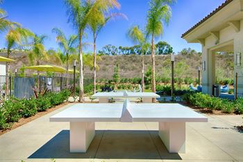 Outdoor ping pong tables with surrounding greenery